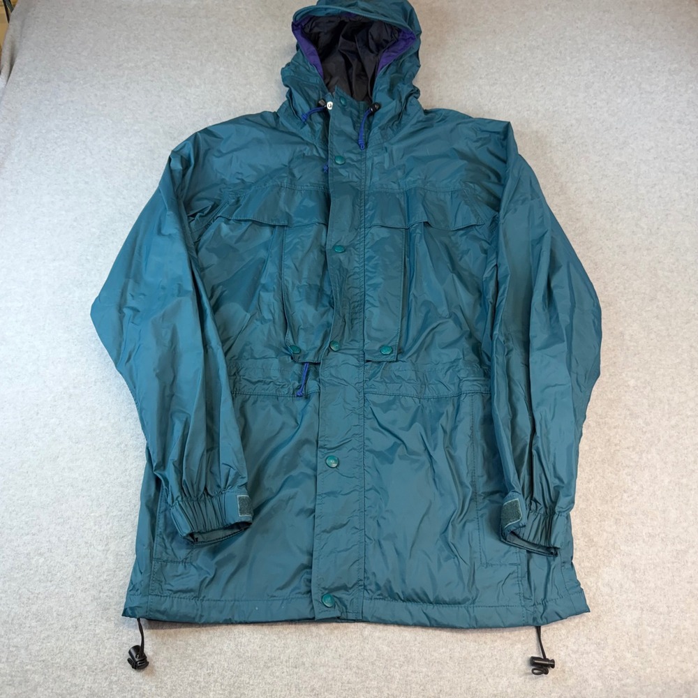 REI Elements Vintage Teal Blue Hooded Rain Jacket Mens Small Gorpcore Parka